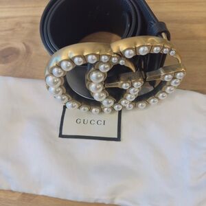 Gucci Double G Wide Belt Pear Calfskin Leather Black GG Logo Buckle